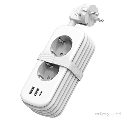2 vägs Grenuttag 1.5m Kabel med USB A 1 Typ C, Unidapt Litet Rullbar utan Överspänningsskydd, Barnsäkring Vit 850006111534
