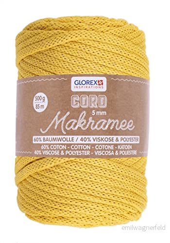 GLOREX 5 1006 17 makramémanchester, 500 g, mm, längd 85 m, senapsgul, rundstickat textilgarn av 60% bomull, 40% viskos och polyester, för virkning, stickning, knytning formning 7610877581767