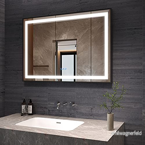 AQUABATOS Badrumsspegel med belysning, 100 x 70 cm, svart ram, LED-badrumsspegel, upplyst, varmvit, 6 400 K, kallvit, 3 000 dimbar, touchströmbrytare, dimfri 9331437998457