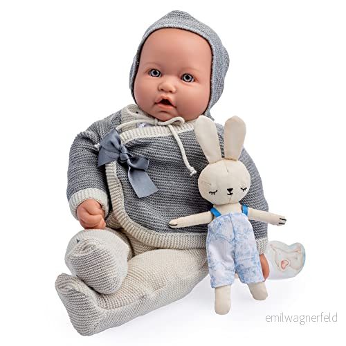 JC TOYS Vintage docka Den ursprungliga babykollektionen 43 cm, mjuk tygkropp, stickad, napp och plysch, slutna ögon, beige grå, barn, designad i Spanien av Berenguer, +2 år 43657152012