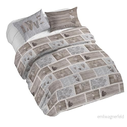PENSIERI DELICATI Påslakanset för dubbelsäng 100% bomull, komplett med säck 250 x 200 cm och 2 örngott 52 82 cm, tillverkad i Italien, maskintvättbart påslakan 40 grader, shabby in love beige 8055267615704