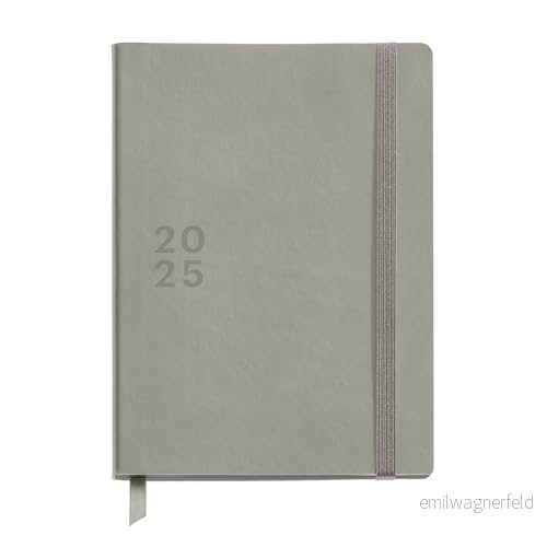 Miquelrius Agenda 2025, storlek 155 x 213 mm, dagskalender, insytt omslag av liknande läder, hållbart papper, 100 g/m², gummiförslutning, spanska, engelska och portugisiska, grå 8422593342701