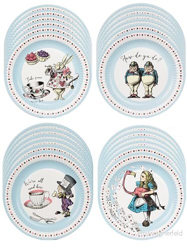 Talkbord Alice i Underlandet papperstallrikar 24 pack engångsservis för Mad Hatter's Tea Party tillbehör, födelsedag, baby shower, världsbokens dag, 4 x karaktärsdesign, 23 centimeter 5052715144246