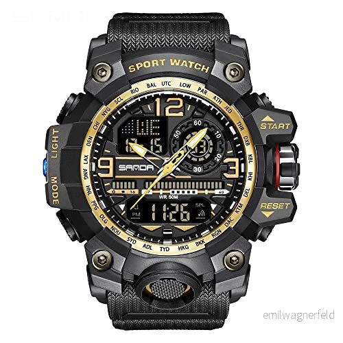 AIMES Herrklockor utomhussport vattentät militärklocka taktisk digital analog armbandsur datum multifunktion LED stort ansikte larm stoppur för män, 3133 svart guld, Sport vardaglig modeklänning 739804491645