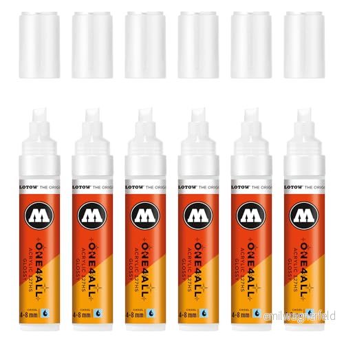 Molotow One4All 327HS akrylmärkpenna glansig (4,08,0 mm linjetjocklek, högglans, hög täckning och permanent, snabbtorkande, påfyllningsbar, för nästan alla ytor) 6 stycken färger 251 vit 4250397667850
