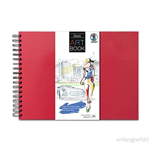 Ursus 25310022 Art Book svart, 200 g/kvm med stabil spiralbindning, vattenavvisande inbunden i rubinrött, skyddar konstverk och textningsskisser 4008525250661