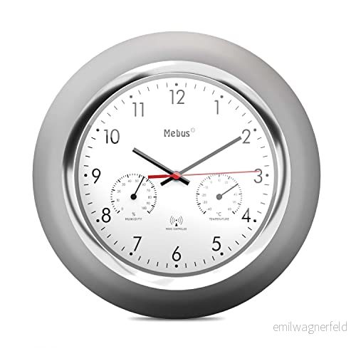 MEBUS Funk Wanduhr mit Thermometer und Hygrometer/silberner Rahmen/weißes Zifferblatt / 24cm Durchmesser/Rund/Modell: 19454 Farbe: Silber, Weiß 4007218194541