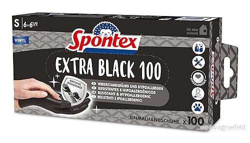 Spontex Extra svarta engångshandskar av vinyl, opuderade och latexfria, mångsidiga, i praktisk dispenserlåda, storlek S, 100 pack, svart 3384129330062