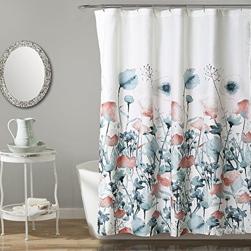 Frodig dekor Zuri Flora duschdraperi tyg akvarell blommönster design, 183 cm x cm, blå och korall 848742068601