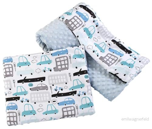 Medi Partners Babyfilt krypfilt med kudde 100% bomull minky barnfilt stor dubbelsidig 75 x 100 + 35 30 cm multifunktionell för säng barnvagn (bilar ljusblå minky) 5903031426984