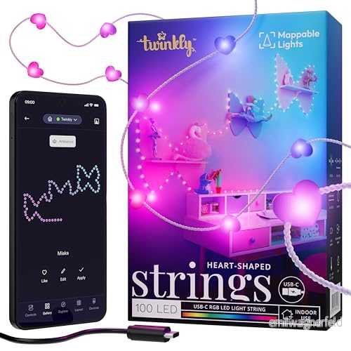 Twinkly Strings Heart 100 LED - Hjärtformad ljusslinga - RGB-tråd - USB-C ström - Transparent tråd - 6 m 8053614841233