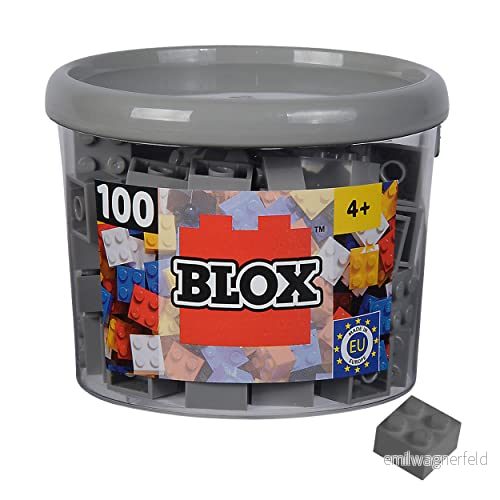 Simba 104114534 Blox, 100 grå byggstenar för barn från 3 år, 4 stenar, i burk, hög kvalitet, helt kompatibla med många andra tillverkare, 4006592074722