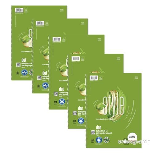 Staufen 608573000 Green Collegeblock, DIN A4, linjerat DOTTED, 80 ark, 4 håls stansning, premiumvitt 70 g/m² återvunnet papper, 5 stycken 9002244871737