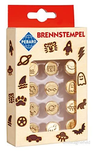 Pebaro 20800 brännstämpel för brandmålning, pyrografi, träbränningar, 12 delar, tillverkad av mässing olika motiv som tiger, bil, dino etc., bränning på trä, läder, kork och andra material 4006094208007