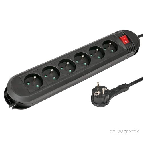 Hama strömbrytare med (block 6 uttag 16A, 1,5 m förlängning, idealisk energibesparande multiuttag, 45 uttag, vägghängspänne, 3680 W, kabel H05VV F3G1.5) svart 4047443490315