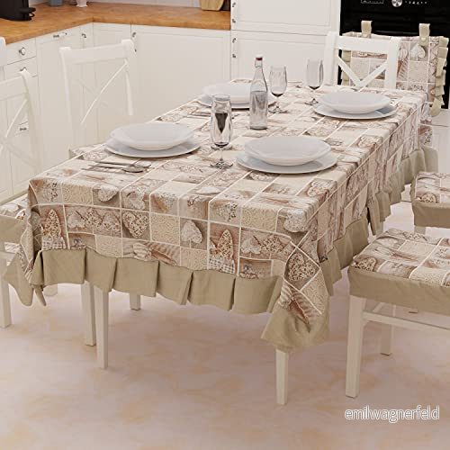 PETTI Artigiani Italienska Duk, Plastifierat Bordsöverdrag med volant, Utomhus Vattentät Bomull Design Lidia Beige X12 sits (140 x 240 cm) 100% Made in Italy 5056411144920