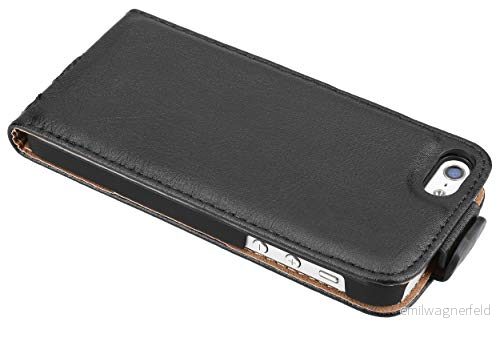 mumbi 11660 flip fodral i äkta läder kompatibel med iPhone SE/5/5S läderfodral plånbok svart 4250261436445