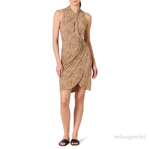 Amazon Essentials ärmlös crossover tvinnad hals falsk wrap klänning, ljus kamel leopard, X Small 196433527013