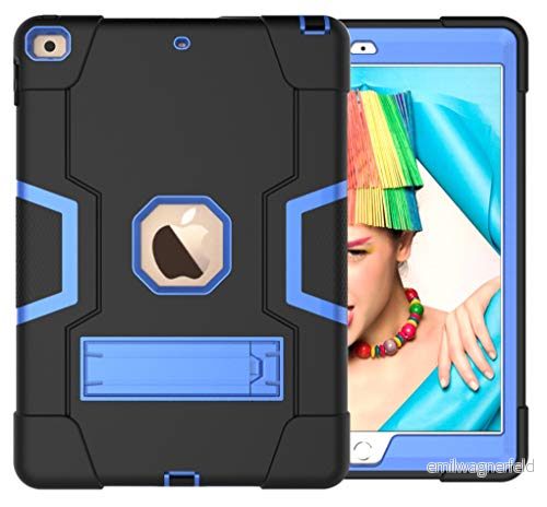 iPad 10,2 (2019/2020/2021) generationen fodral med stativ, hållbar tung stötsäker hård hybrid tre lager skydd surfplatta silikonfodral (svart + blå 755985092556