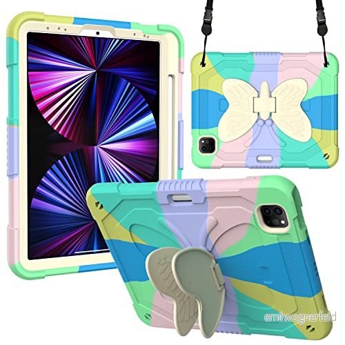 Kompatibel med iPad 7th 10.2 (2019), 3D Heavy Duty Hard Rugged skyddsfodral, tecknad söta fjärilsvingar, stativ, stötsäkert silikonfodral stativ för barn (ljusgrön) 755985989238