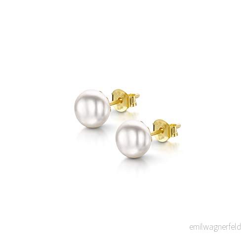 Amberta Kvinnor 925 Sterling Silver Sötvattenspärla Stift Örhängen: 6 till 7 mm Vit Pärl med Guldpläterad 5055806917965