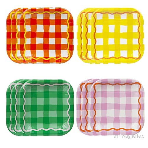 Talking Tables Gingham tallrikar i orange, gul, grön och lila färgglada pappersservis för påsk, födelsedagsfest, picknick, sommar 12 pack, 18 cm x cm, pepparkålar 5052715142730