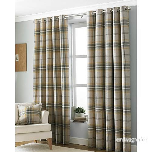 Riva Paoletti Aviemore ringtopp öljett (par) Heritage tartan check fuskull effektfärdig gjord 100% polyester 117 cm bredd x 137 fall (46 tum 54 tum) polyester, ockra gul, gardiner 5025532323941