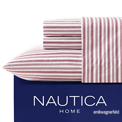 Nautica tvillinglakan, bomull percale sängklädesset, vardaglig heminredning, sovsal nödvändigheter (färgrandigt röd, tvilling) 883893365827