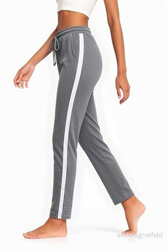 Aseniza Joggingbyxor, dam, sportbyxor, långa bomull, träningsbyxor, sweatbyxor, hög midja med ränder för sport, yoga, gym, Mörkgrå, S 726911983620