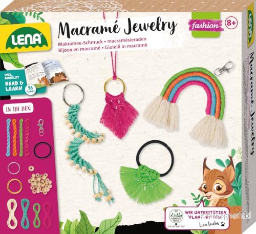 LENA 42839 Eco Macramé Jewelry, knytset för barn från 8 år, pysselset att knyta en nyckelring, halsband, hårband och regnbågshänge, kreativt set smycken 4006942901708
