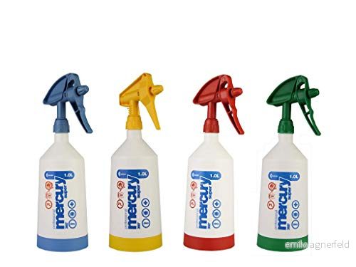4 x Kwazar Mercury Super Pro + 360 graders overhead sprayflaska med Viton tätningar, 1,0 liter blå, röd, gul, grön tyska instruktioner och skötselanteckningar från Detailmate (svenskt språk inte garanterat) 7081411964160