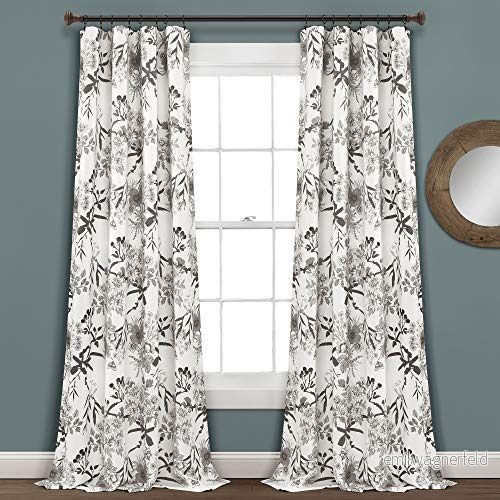 Lush Decor Gardiner med botaniskt trädgårdsmotiv, tryck blommor och fåglar, ljusfiltrerande, för vardagsrum, matsal sovrum, set ett par, 132 x 213 cm, grå vit 848742083888