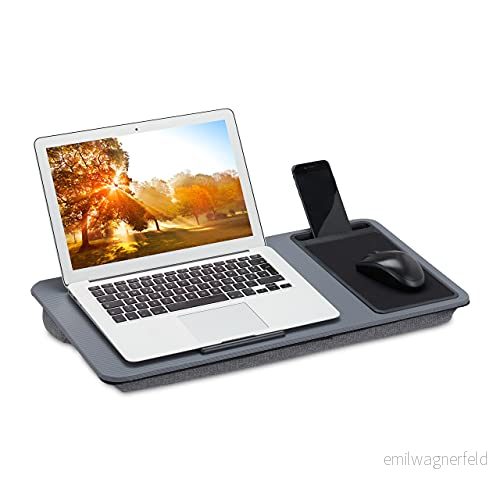Relaxdays, grå laptopkudde med matta, B x D: 57,5 30 cm, halkfria ränder, bärhandtag, kudde bricka säng & soffa, skum 4052025369132