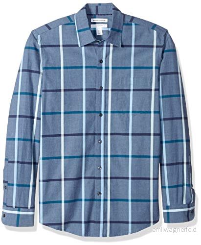 Amazon Essentials mäns Slim Fit långärmad poplin skjorta, denim stor pläd, Large 193548348571