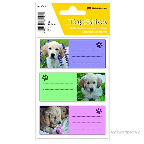 TopStick 1343 boketiketter fodrade, hundar (76 x 35 mm, 50 ark, papper, matt) självhäftande häftesetiketter med motiv för skolan barn, flickor och pojkar, 150 skoletiketter, färgglada 4023145720608