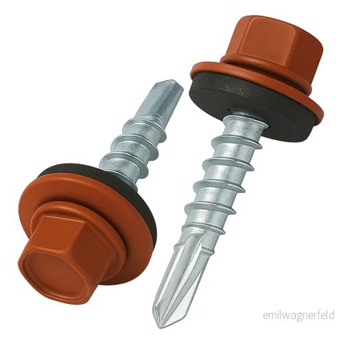 4.8 mm x 35 Takskruvar, Sexkantshuvud Självborrande Flerfärgad (RAL 8004 Copper Brown) Skruvar med EPDM-förseglad Bricka, Rostsäker Zinkpläterad Härdad Grov Gänga Skruv (50 stycken) 5056348820485