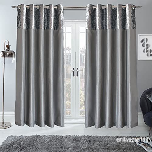 Sienna par krossade sammetsband gardiner helt fodrade öljettring topp falskt siden fönsterbehandlingspaneler silvergrå, bredd 117 cm x fall 228 5027434115082