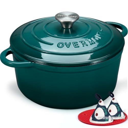 Overmont 4,2 L emaljerad gjutjärn rund gryta med lock kokbok & bomull grytlappar non stick holländsk ugn köksredskap för flätning, grytor, rostning, bröd bakning himmelsblå, 24 cm 5060990789830