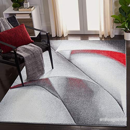 SAFAVIEH Modern grafisk matta för vardagsrum, matsal, sovrum Hollywood kollektion, kort lugg, i grått och rött, 160 x 229 cm 195058032742