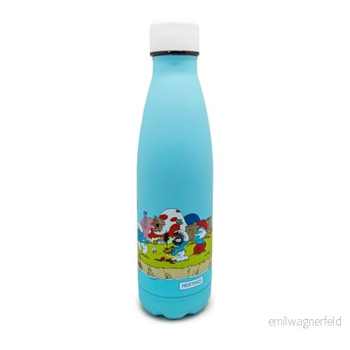 NERTHUS Botella Térmica Aldea PITUFOS 500 ml, Doble Pared de Acero Inoxidable 8436588857934