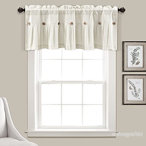 Lush Decor Köksgardiner med linneknappar i rustik stil, rustikt blockmönster snäckformade knappar, färg, 132 cm breda x 46 långa, bruten vit 194938028905