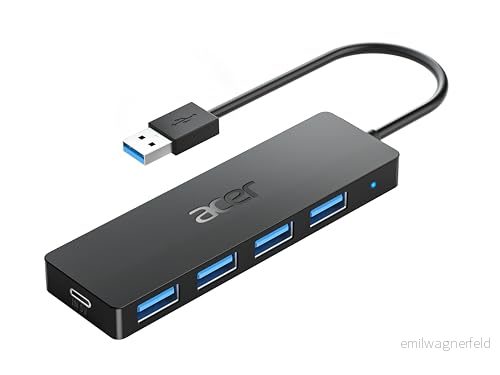 Acer USB hub, 4 portar flera 3.0 datahub för bärbar dator med C strömport, förlängare en dator, Windows, Linux, PC och mer (20 cm) 195133236683