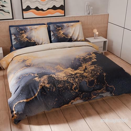 PETTI Artigiani Italiani Dubbelt påslakan 250x200 cm, påslakanset mikrofiber med digitalt tryck 2 örngott 50x80 cm Tillverkad i Italien Marble Blus 8056992319677
