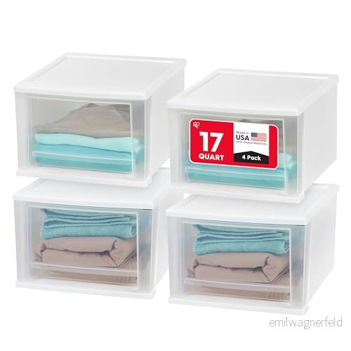 IRIS USA 17 Qt. Förvaringslåda i plast, staplingsbara lådor, 4-pack, stapelbar enhet med glidlåda för kläder, sovrum, kök, under handfat, skafferi, hantverksrum, badrum, sovsal, kontor, vit 762016447117