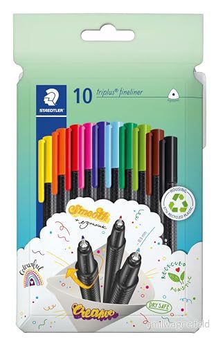 STAEDTLER fineliner triplus, ergonomisk trippelform, superfin 0,3 mm spets, lång livslängd, DRY SAFE, PP skaft, MIX och MATCH, 10 i kartongkudde, 334 C10 4007817060933