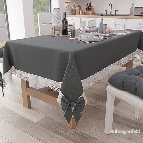 PETTI Artigiani Italiani Duk, Bordsduk, Rektangulär Köksbordsduk med spets angal och rosetter, bordsduk enfärgad i bomull, X6 sits (140x180 cm) Mörkgrå 8056897034545