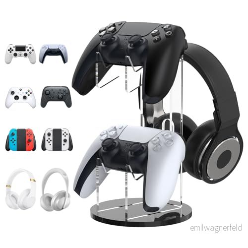 MoKo Universal Stand for Gamepad and Headphone Stand, 2 in 1 Game Controller Holder Storage Organizer ps5, ps4, Xbox One, Series, Gaming Accessories, Black & Clear 840401401781