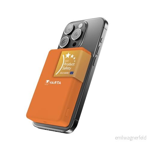 VARTA Power Bank 5.000mAh, magnetisk trådlös powerbank, Mag Pro on Demand, 7,5W, laddare med USB Typ C, kompatibel MagSafe & Qi Standard (iPhones Android), orange 4008496082506